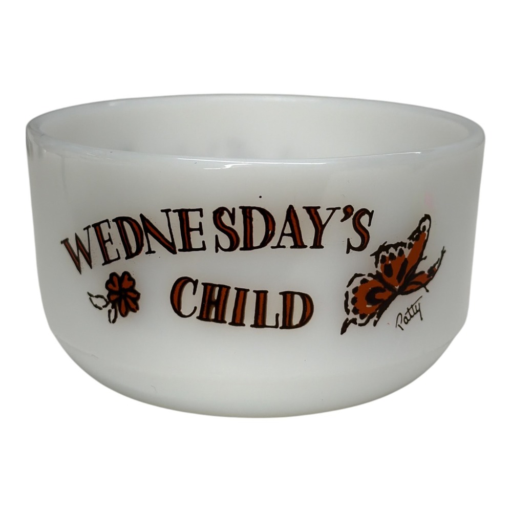 Fire King Anchor Hocking 4.25" Bowl Wednesday's Child Is Full of Woe 1950s EUC